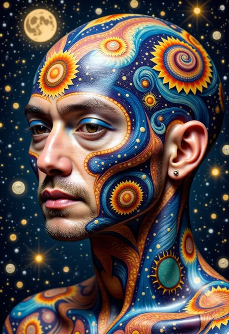 A head close-up of an ajpasbot, a faceless Yakuza android, inspired by traditional irezumi tattoo art, reimagined in a surreal, chaotic dreamscape painted in the swirling brushstrokes of Van Gogh. The android's head is a porcelain-smooth dome, completely featureless, sculpted with soft, flowing curves. Its surface is covered in an impasto of thick, expressive oil paint textures—swirling spirals, turbulent strokes, and emotional waves of color.
Rather than bees and honeycombs, the surface transforms into a vast celestial storm inspired by Van Gogh’s night sky—fractured stars, swirling constellations tumbling through a sea of indigo. Golden suns burst like supernovae, and twisting vines and smoky spirals radiate outward from the center of the head, mimicking the universe in motion. The hues blend together—electric blues, violent yellows, deep ochres, and twilight purples—yet vibrantly illuminated with striking neon luminous orange highlights.
Within this cosmic tapestry, shifting shapes like windswept sunflowers, drifting koi fish, and warped temple roofs emerge and dissolve, constantly shifting as if painted by a mind on the verge of waking. Microscopic dreamlike fragments hide within the brushwork—melting eyes, curling smoke, and fading calligraphy, subtly dissolving into the void.