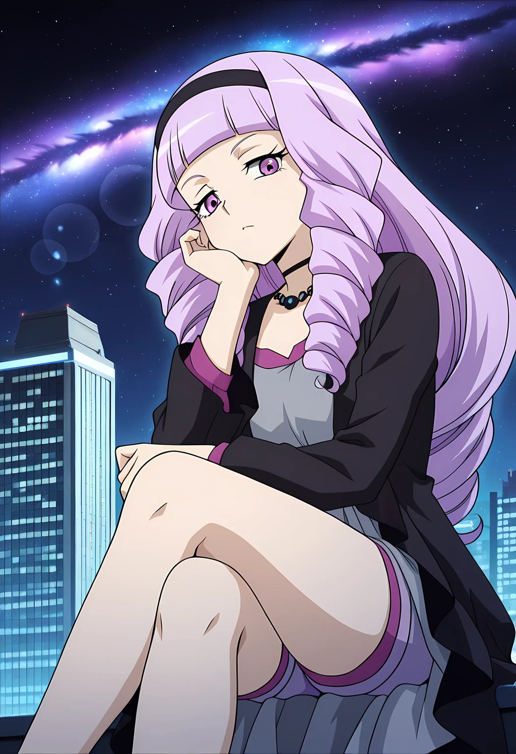 masterpiece,best quality,amazing quality,
solo,
Rin Hashima (Cardfight Vanguard), long hair, purple hair, blunt bangs, drill hair, purple eyes, black hairband, jewelry, black necklace, choker, gray inner dress, black dress, long sleeves, light purple shorts,
looking at viewer, cheeks leaning on arm, hair twirling,
cinematic, crossing legs,
Outdoors, night, On top skyscraper, sci-fi city, (galaxy sky:1.2),
Lens flare, bloom, detailed shadow,
Official style, anime screencap, anime coloring,