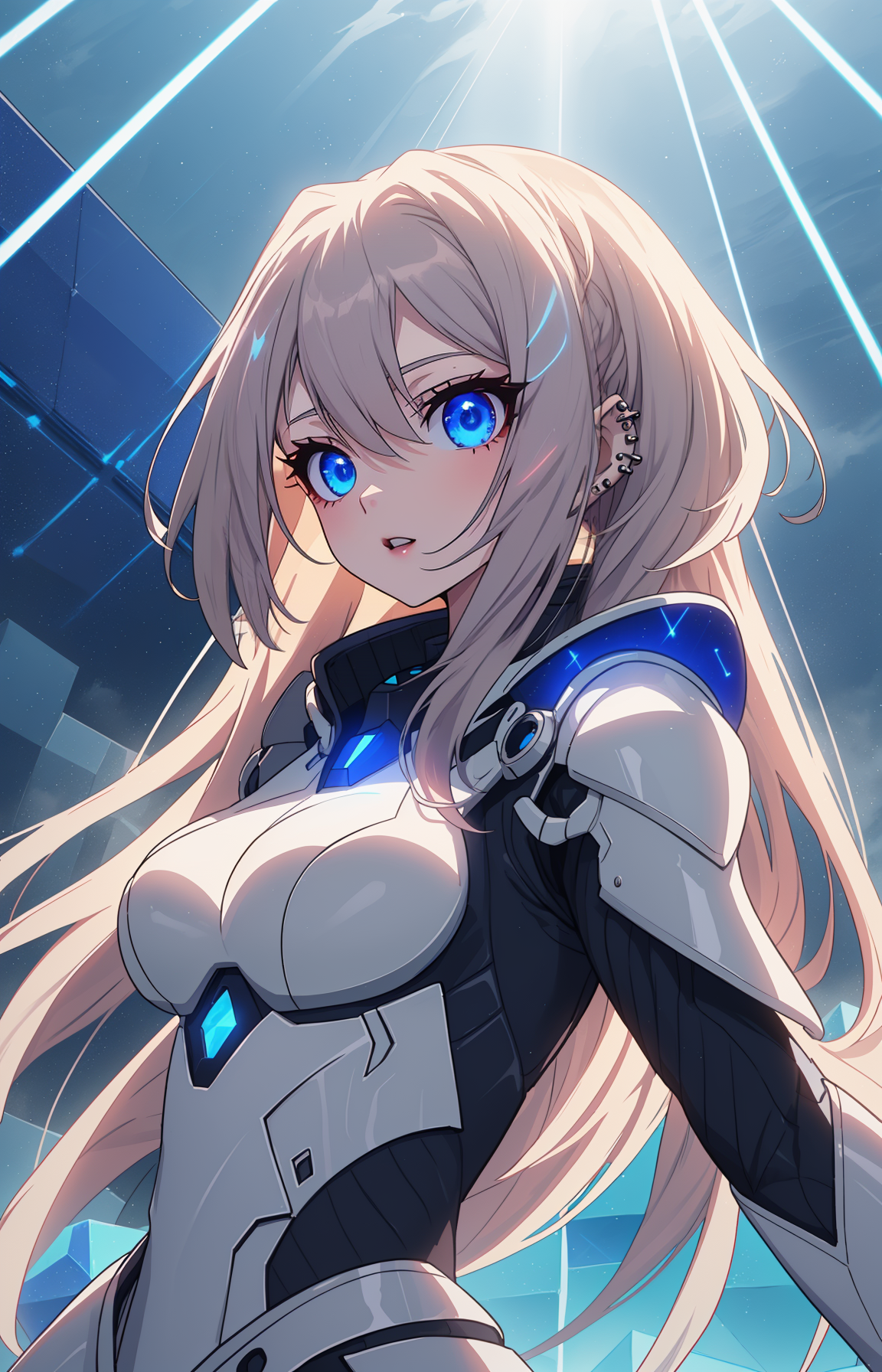 (anime screencap:1.2),  <lora:G_G2.0:0.7> Goth girl, Goth girl 1girl
Anime-style female character wearing futuristic armor, set against a background of blue 3D cubes, intricately detailed, dynamic pose, high contrast, dramatic lighting,
Character floating, as if suspended in zero gravity,
Volumetric light beams cutting through the blue cubes,
Geometric patterns subtly overlaying the background, 
Foggy atmosphere, with rays of light piercing through