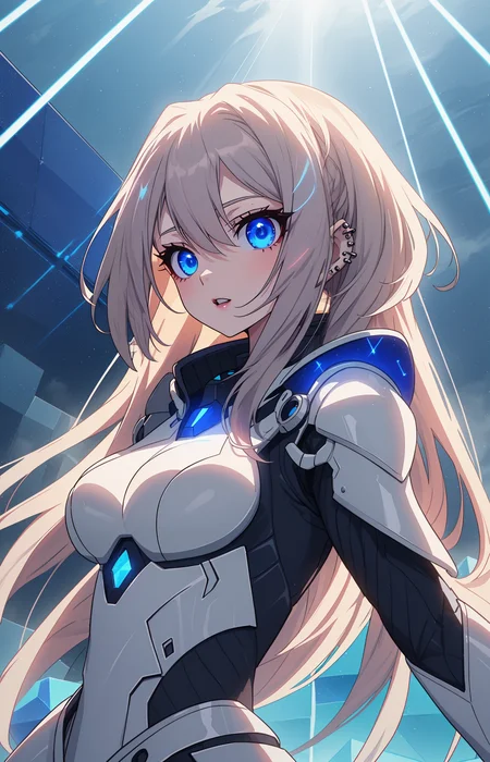 (anime screencap:1.2), <lora:G_G2.0:0.7> Goth girl, Goth girl 1girl
Anime-style female character wearing futuristic armor, set against a background of blue 3D cubes, intricately detailed, dynamic pose, high contrast, dramatic lighting,
Character floating, as if suspended in zero gravity,
Volumetric light beams cutting through the blue cubes,
Geometric patterns subtly overlaying the background,
Foggy atmosphere, with rays of light piercing through
