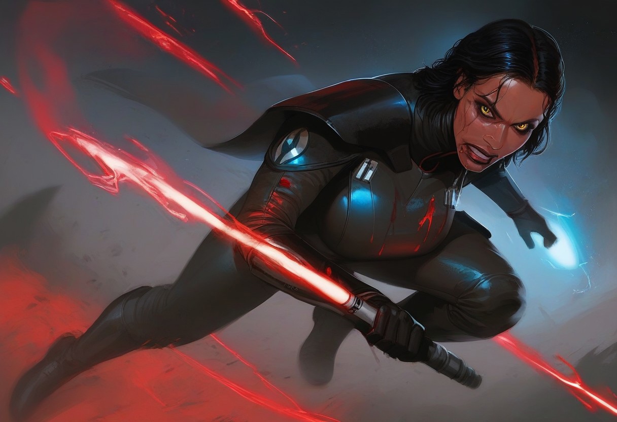 score_9, score_8_up, score_7_up, score_9, score_8_up, score_7_up, black background, blood splash on background, 1girl, solo, Trilla, black hair, red lightsaber, holding lightsaber, yellow eyes, eye bags, eye shadow, armor,black gloves,tight bodysuit,black footwear,black cape,black pants, huge breasts, helmet with red visor, ruined makeup, black tears, clear features, best quality, black lipstick, detailed face, detailed eyes, beautiful eyes, textured skin, detailed face, beautiful face, Detailed, star wars, science fiction,  looking at viewer, toned body, action pose, angry, violent, blood on body, blood on outfit,red lightsaber, holding lightsaber,full body, force lightning, blue energy lightning,