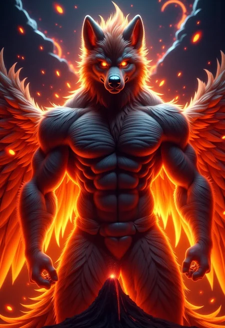werewolf male muscular, majestic phoenix reborn from digital, ashes in a blaze of holographic flames, Background of fire, and an island with a volcano erupting, digital illustration,