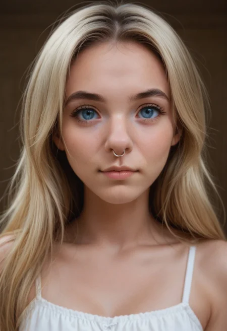 (nosering in nose:1.0), (best quality:1.2), 1girl, (cowboy shot:1.4), perfect face, perfect blue eyes, blonde hair, small nose, cute, sexy, seductive pose,