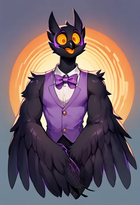 Barnaby, 1boy, yellow eyes, orange sclera, black body, long neck, feathers, bird feet, winged arms, bird tail, black beak, purple vest, sleeveless, purple bowtie, orange tongue, avian, furry, anthro, ghost, owl, spirit, digitigrade, no humans, no pants, perfect body, solo, (insanely detailed, beautiful detailed face, masterpiece, cinematic lighting, detailed hands, detailed face, best quality), (sharp), score_9_up, score_8_up, score_7_up, score_6_up, highest quality, 8K, RAW photo, source_anime, perfect face, perfect hands, upper body