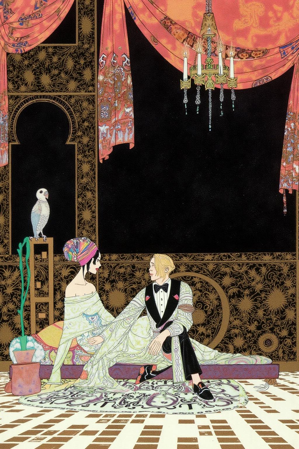 kaynielsen1 illustration.
A night scene involving a man and a woman in an ornate room. On the left is a woman wearing an off-shoulder robe and colorful turban, sitting on a low-lying bed. In the center is a blonde man in a formal suit with a bow tie sitting on a patterned rug. The room is richly decorated with a chandelier, a bird on a stand, a potted plant, ornate curtains, and a dark, opulent backdrop. The floor is tiled. <lora:kaynielsen1_d8a4e12:1.0><lora:865919446420600621:0>