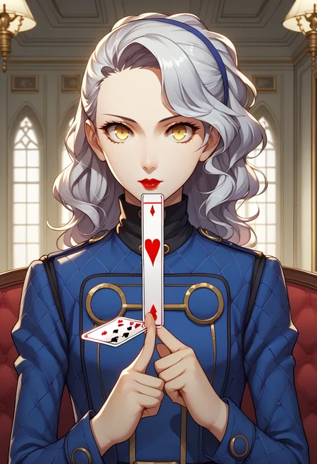 score_9, score_8_up, score_7_up, source_anime, BREAK 1girl, looking at viewer, close-up, holding playing card, <lora:zs_MargaretXL:1> margaretp4, long hair, yellow eyes, headband, blue dress, long sleeves, lipstick, <lora:swordup-pose-richy-v1_pdxl:0.8> swordup, indoors