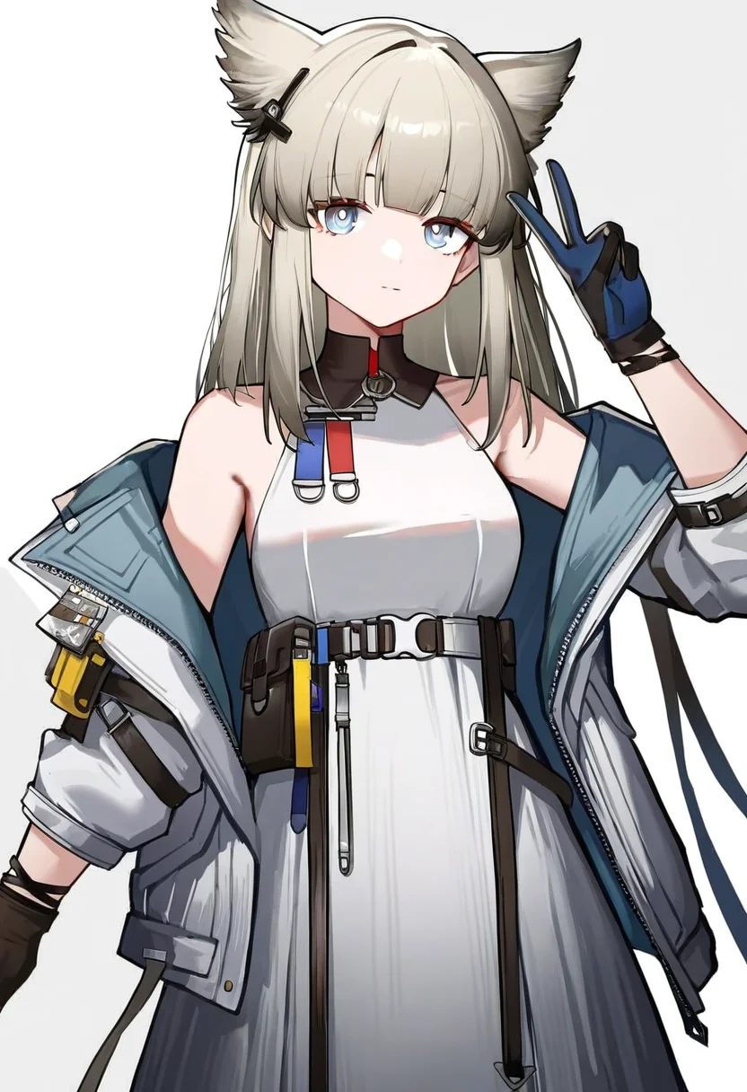 1girl,perlica_(arknights),solo,jacket,gloves,white jacket,sleeveless,white dress,long hair,pouch,animal ears,off shoulder,blue eyes,open clothes,open jacket,bare shoulders,belt,sleeveless dress,belt pouch,black gloves,blunt bangs,strap,small breasts,grey hair,blonde hair,
v,
newest,absurdres,highres,masterpiece,best quality,year 2024,
<lora:peilika_NoobVpred10:1>,
