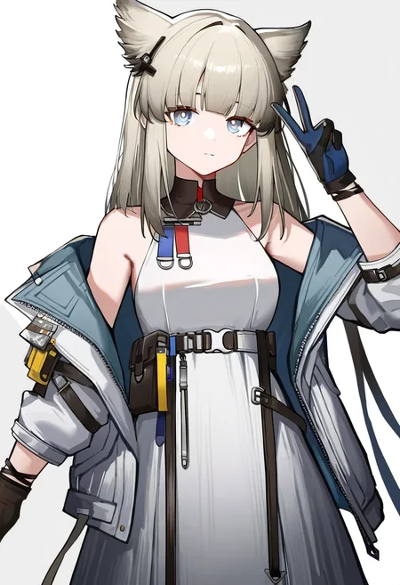 1girl,perlica_(arknights),solo,jacket,gloves,white jacket,sleeveless,white dress,long hair,pouch,animal ears,off shoulder,blue eyes,open clothes,open jacket,bare shoulders,belt,sleeveless dress,belt pouch,black gloves,blunt bangs,strap,small breasts,grey hair,blonde hair,
v,
newest,absurdres,highres,masterpiece,best quality,year 2024,
<lora:peilika_NoobVpred10:1>,
