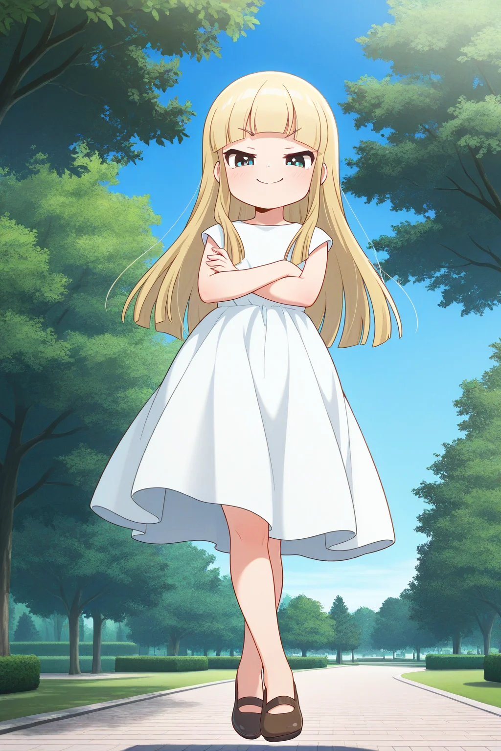 masterpiece, best quality, amazing quality, absurdres, solo, miyoakino, smile, smug, crossed arms, crossed legs, floating, flying, looking at viewer, looking down, blonde hair, white dress, outdoors, park, trees, blue sky