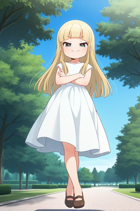masterpiece, best quality, amazing quality, absurdres, solo, miyoakino, smile, smug, crossed arms, crossed legs, floating, flying, looking at viewer, looking down, blonde hair, white dress, outdoors, park, trees, blue sky
