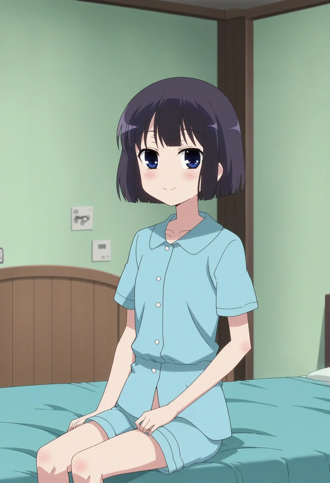 score_9, score_8_up, score_7_up, score_6_up, score_5_up, score_4_up , anime coloring ,BREAK source_anime, anime,screencap,
1girl, solo, aratas, blue shorts, blue shirt, blue pajamas, <lora:PonyXL Arata Sagimori V1:1>
indoors,bedroom, sitting on bed,
smile, looking at viewer,