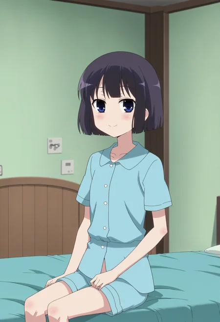score_9, score_8_up, score_7_up, score_6_up, score_5_up, score_4_up , anime coloring ,BREAK source_anime, anime,screencap,
1girl, solo, aratas, blue shorts, blue shirt, blue pajamas, <lora:PonyXL Arata Sagimori V1:1>
indoors,bedroom, sitting on bed,
smile, looking at viewer,