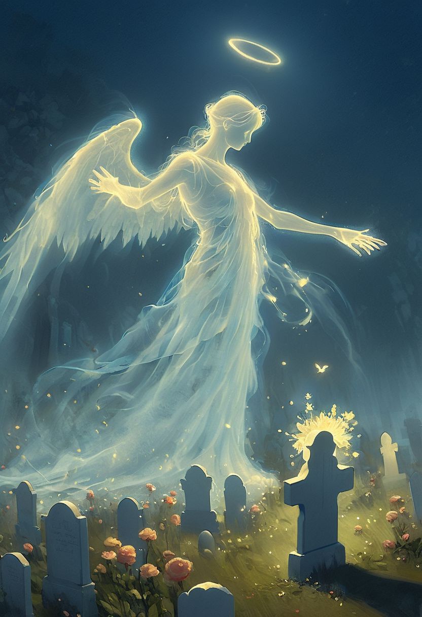 On a sunny day, in a graveyard, a young boy is offering flowers to a translucent ghost with wings