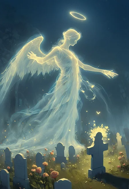 On a sunny day, in a graveyard, a young boy is offering flowers to a translucent ghost with wings