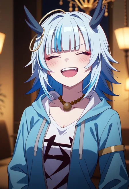 score_9,score_8_up,score_7_up,source_anime, OUROBOROS,1girl,solo,blush,smile,open mouth,jewelry,blue hair,jacket,collarbone,upper body,closed eyes,multicolored hair,:d,open clothes,teeth,virtual youtuber,hood,blunt bangs,necklace,streaked hair,v-shaped eyebrows,hoodie,upper teeth only,^ ^,parody,blue jacket,meme,beads,object on head,blue hoodie,