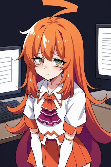 score_9, score_8_up, source_anime, 1girl, solo, (realistic:0.6) BREAK <lora:stadiachan-pdxl-nvwls-v1:1> stadiachan, multicolored hair, orange hair, multicolored eyes, huge ahoge, orange and white shirt, orange ascot, short sleeves, elbow gloves, orange skirt, looking at viewer, sad, tears in eyes, cowboy shot, computer, desk, room, black background