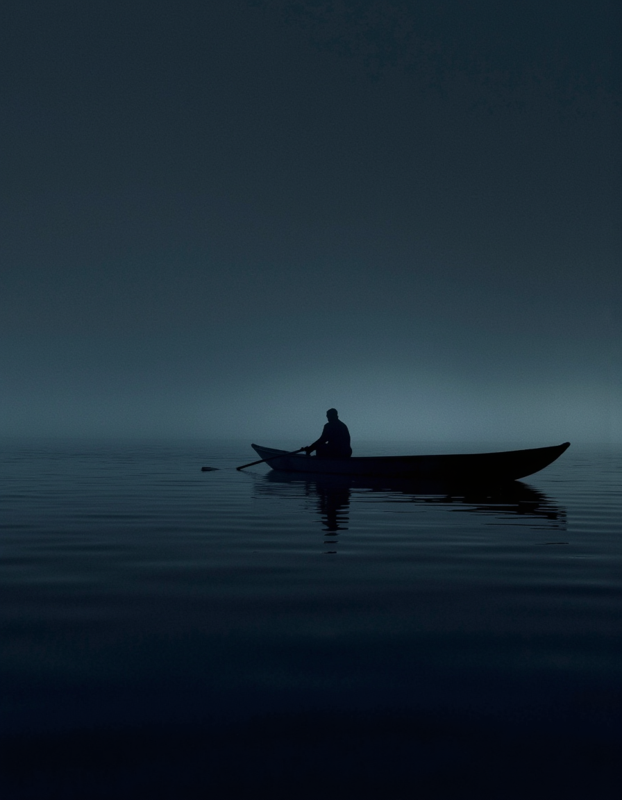A detailed high-resolution cinematic (black-and-white:1.3)  dark photograph capturing a serene, moody scene of a lone rower on a calm body of water at night. The image features a dark, narrow rowboat with a single oarsman, whose figure is barely visible due to the low light and the heavy fog that envelops the scene. The rower is dressed in dark, possibly black, clothing, which blends into the shadowy atmosphere. The boat is positioned slightly off-center to the left, with the oarsman facing away from the viewer, suggesting a sense of solitude and introspection. The water is a deep, dark blue, reflecting the faint light from the sky and creating a mirror-like effect. The sky itself is a gradient of dark blue to almost black, with a slight hint of a lighter blue at the horizon, suggesting the onset of dawn or dusk. The fog is dense, almost opaque, and covers the entire scene, giving it a dreamlike quality. The overall color palette is dominated by cool, muted tones, enhancing the sense of calm and mystery. There are no other objects or people visible in the image, emphasizing the isolation and tranquility of the setting.