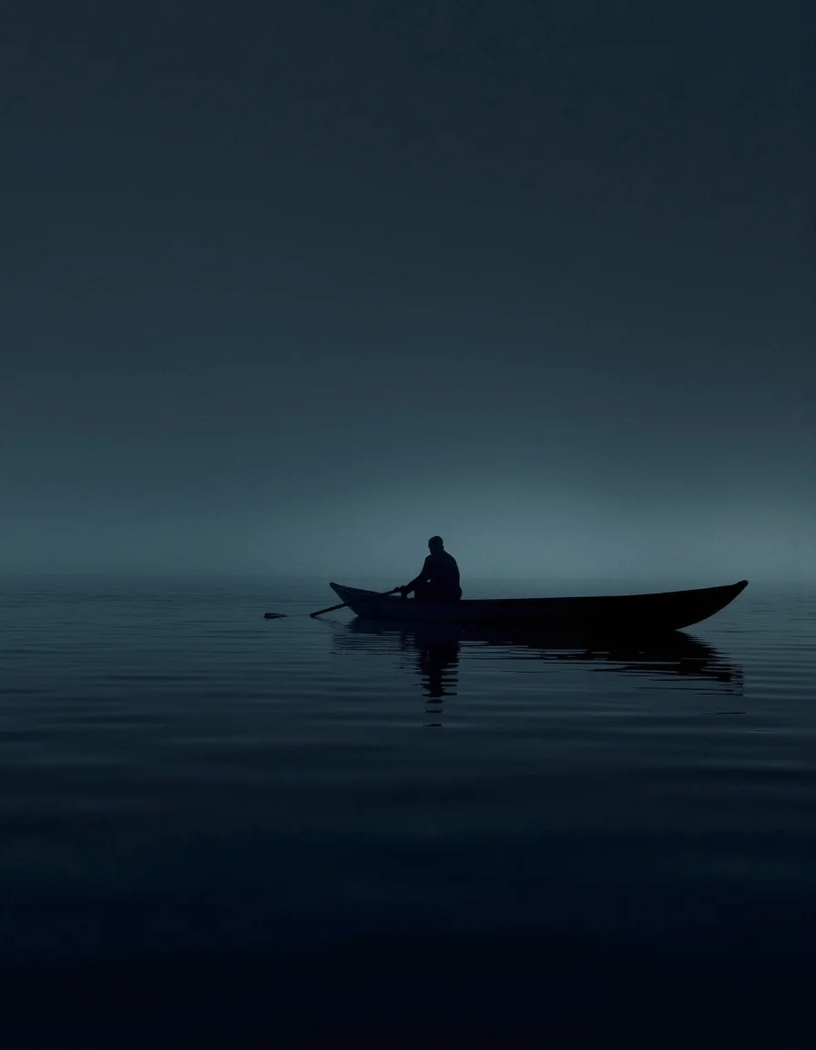 A detailed high-resolution cinematic (black-and-white:1.3)  dark photograph capturing a serene, moody scene of a lone rower on a calm body of water at night. The image features a dark, narrow rowboat with a single oarsman, whose figure is barely visible due to the low light and the heavy fog that envelops the scene. The rower is dressed in dark, possibly black, clothing, which blends into the shadowy atmosphere. The boat is positioned slightly off-center to the left, with the oarsman facing away from the viewer, suggesting a sense of solitude and introspection. The water is a deep, dark blue, reflecting the faint light from the sky and creating a mirror-like effect. The sky itself is a gradient of dark blue to almost black, with a slight hint of a lighter blue at the horizon, suggesting the onset of dawn or dusk. The fog is dense, almost opaque, and covers the entire scene, giving it a dreamlike quality. The overall color palette is dominated by cool, muted tones, enhancing the sense of calm and mystery. There are no other objects or people visible in the image, emphasizing the isolation and tranquility of the setting.