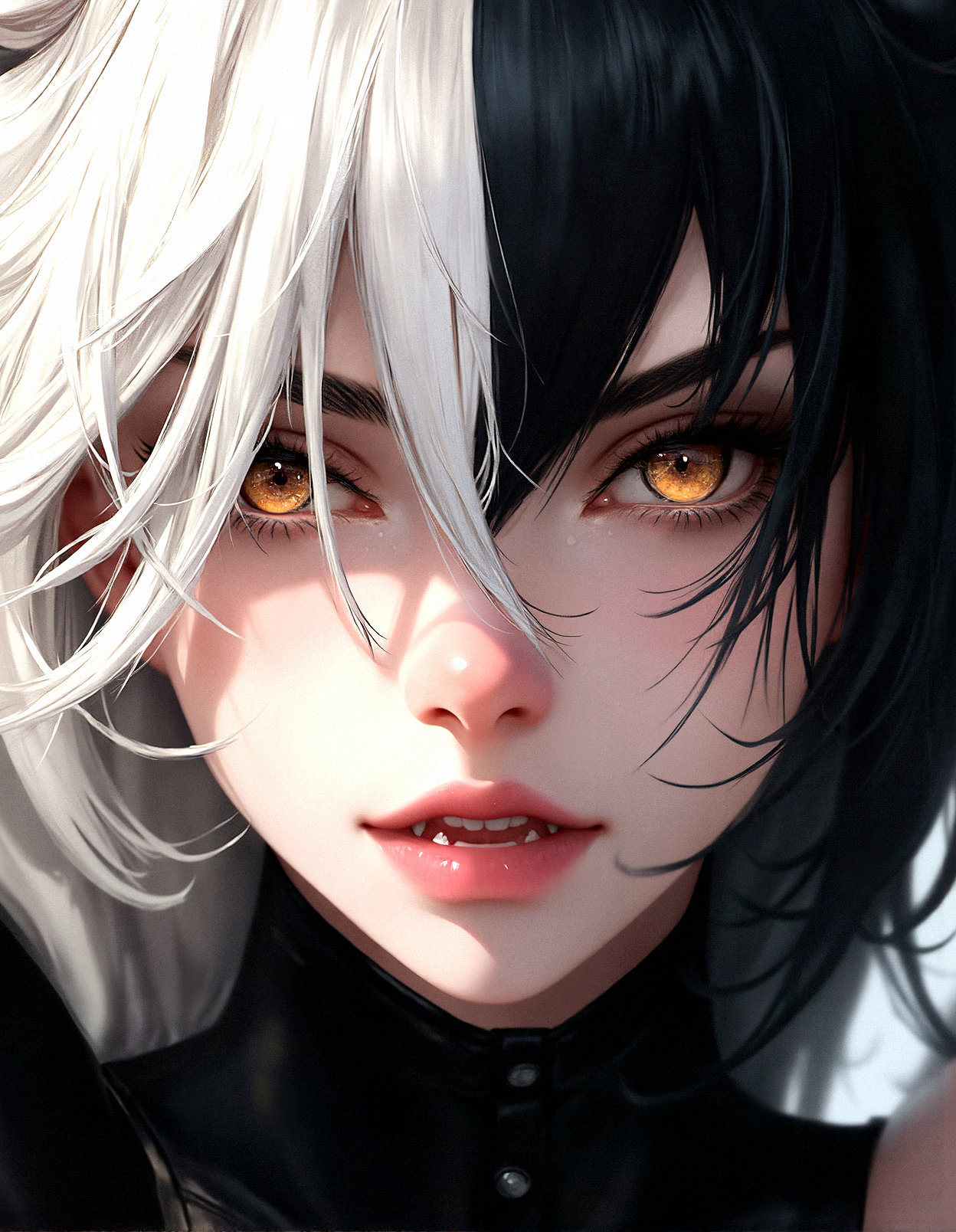 An extreme photorealistic upper body shot of a cat girl with mesmerizing golden eyes and slit pupils. She has long, flowing two-tone hair, white and black, framing an almost anime-like face with striking, unrealistic beauty. Her pink lips curve slightly to reveal sharp fangs, and her long fingernails are a key feature of her sleek cat suit.Include tiny imperfections like pores, faint freckles, and slight skin texture variations to add realism.Realistic lip texture with soft lines, slight gloss, and natural color variation.Realistically detailed tear ducts, slightly moist, enhancing the natural appearance of the eyes.Faint, barely visible veins under the eyes, adding depth and authenticity to the skin.Individually rendered eyebrow hairs with natural variation in direction, length, and thickness.Variation in hair strand thickness, with some thinner and finer than others.Detailed texture on the cat suit, showing the weave or material pattern, such as leather, spandex, or velvet.Shadows that move with the character, responding to her position and the light source accurately.






























