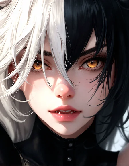 An extreme photorealistic upper body shot of a cat girl with mesmerizing golden eyes and slit pupils. She has long, flowing two-tone hair, white and black, framing an almost anime-like face with striking, unrealistic beauty. Her pink lips curve slightly to reveal sharp fangs, and her long fingernails are a key feature of her sleek cat suit.Include tiny imperfections like pores, faint freckles, and slight skin texture variations to add realism.Realistic lip texture with soft lines, slight gloss, and natural color variation.Realistically detailed tear ducts, slightly moist, enhancing the natural appearance of the eyes.Faint, barely visible veins under the eyes, adding depth and authenticity to the skin.Individually rendered eyebrow hairs with natural variation in direction, length, and thickness.Variation in hair strand thickness, with some thinner and finer than others.Detailed texture on the cat suit, showing the weave or material pattern, such as leather, spandex, or velvet.Shadows that move with the character, responding to her position and the light source accurately.