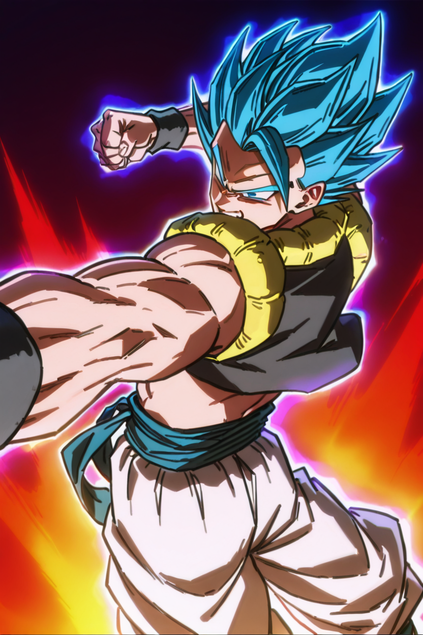 masterpiece, best quality,   gogeta, ggtasp1, incoming attack, foreshortening, metamoran vest, solo, blue eyes, 1boy, blue hair, male focus, vest, sash, muscular, glowing, muscular male, spiked hair, wristband, clenched hand, white pants, aura, waistcoat, super saiyan, blue sash, side view, back,   ,<lora:DBSBroly_Style_IXL_v2:1.0>,