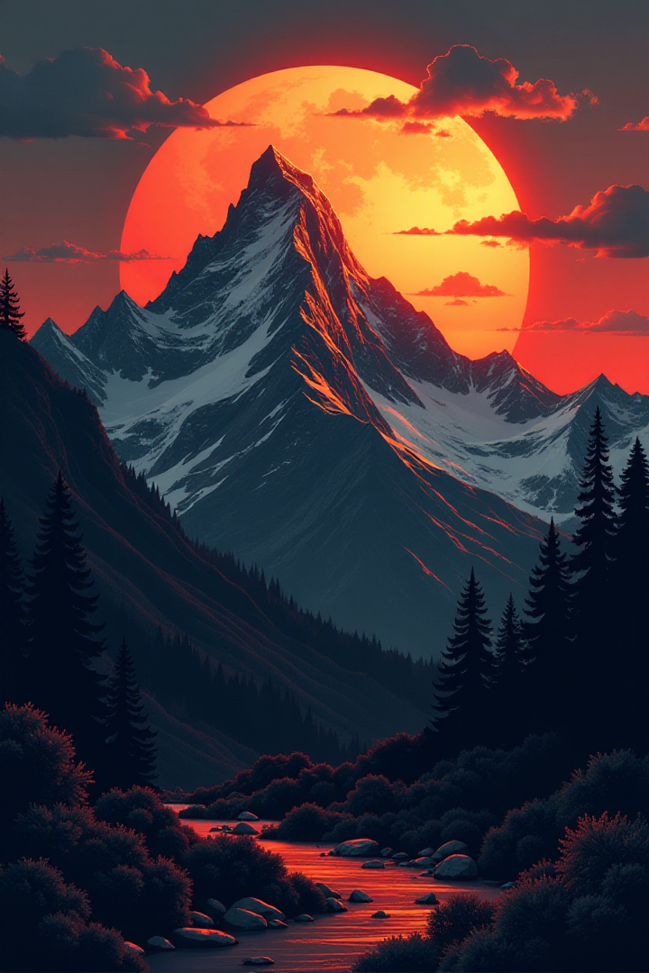 A pixel art abstract graphic illustration, black and white, of a mountain landscape with a brilliant orange sunset. gl1tchc0re d1eselc0re<lora:General Flux\darkdescent-pixel-art.safetensors:0.9:1.0> <lora:Promptcore Flux\Glitchcore.safetensors:0.5:1.0>âââ