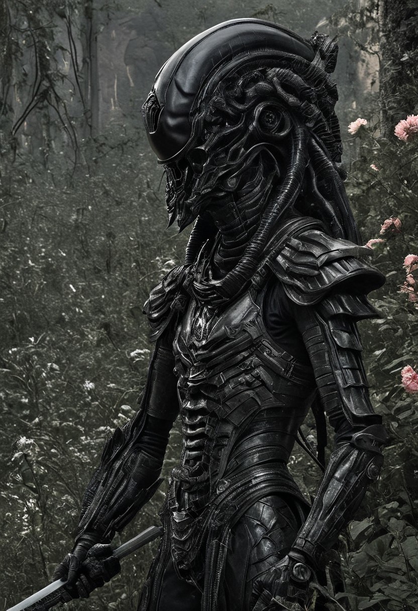 xenomorphic knight, dark black armor, design, pattern, sword, knight helmet, knight head piece, year 1560, Rome, garden, flowers, butterflies, standing, thinking, cognizance, art by hr giger, Style-Renaissance, Volcanic Desert, muscular, strong, intricate ornamental armor,armor decorated with gold and silver,