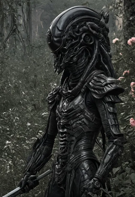 xenomorphic knight, dark black armor, design, pattern, sword, knight helmet, knight head piece, year 1560, Rome, garden, flowers, butterflies, standing, thinking, cognizance, art by hr giger, Style-Renaissance, Volcanic Desert, muscular, strong, intricate ornamental armor,armor decorated with gold and silver,