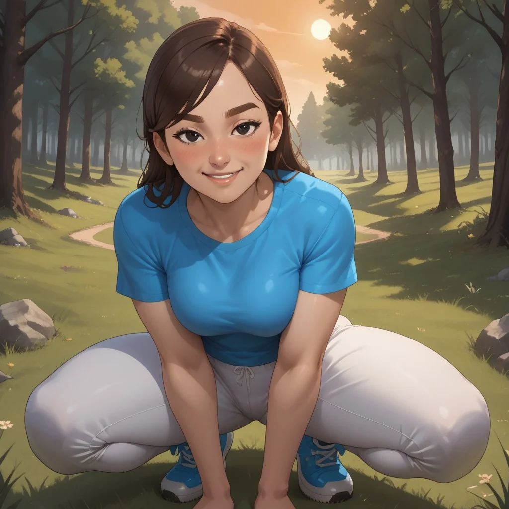 score_9, score_8, BREAK, solo, mii, wii, wii sports, female mii, 1girl, cute, brown hair, brown eyebrows, black eyes, blush, cyan clothing, white pants, shoes, Hiromi_(Wii_Sports), breasts, nintendo mii, modern_mii, classic_mii, sexy pose, smile, outdoors, sunlight, shadows, evening lighting, natural lighting, forest, trees, grass, orange sky, sunset