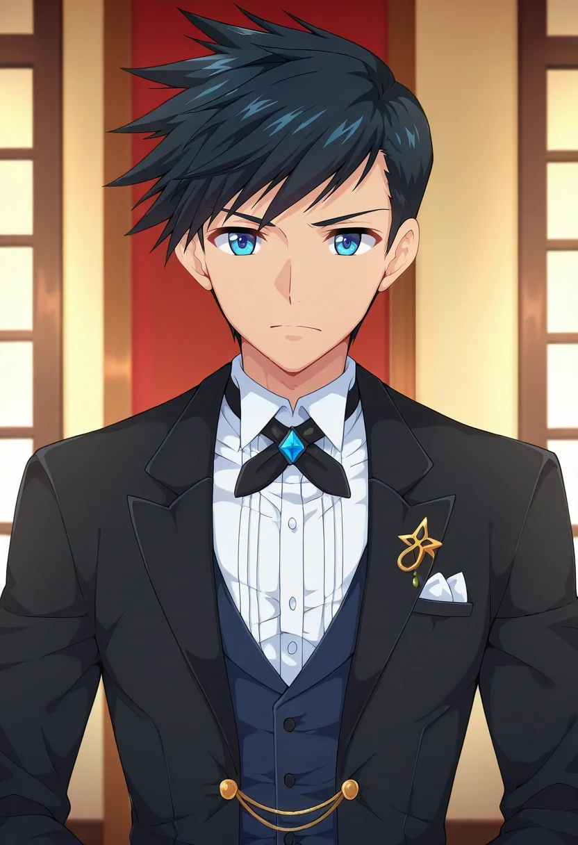 masterpiece, best quality, intricate details, anime screencap, anime coloring, official style, looking at viewer, , 1boy, solo, male focus, <lora:natsumi_hamasaki_ilxl:0.98>, natsumi_hamasaki, black hair, blue eyes, short hair, , , butler costume