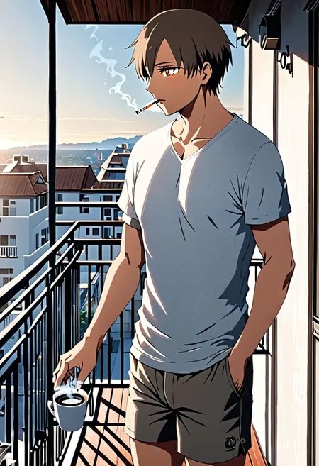 high resolution, solo, best quality, 1Boy, Takaki Toono, Brownish Hair, Brown Eyes, home balcony, morning, cigarette, coffee, t-shirt, shorts, looking away, OverallDetail