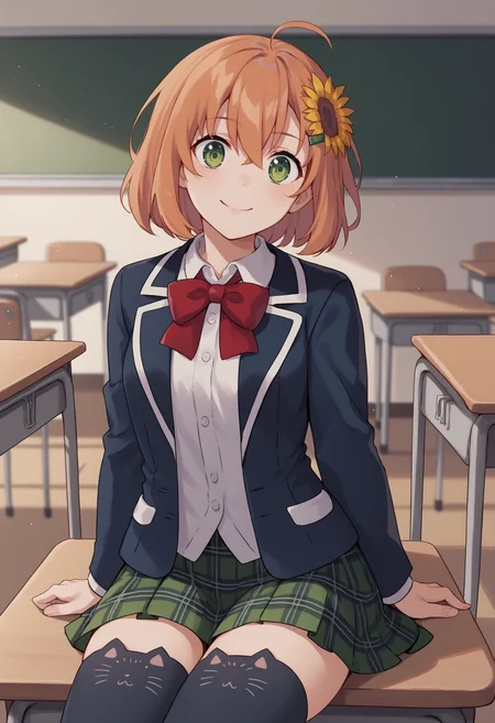 score_9, score_8_up, score_7_up, source_anime, hh1, green eyes, brown hair, orange hair, ahoge, hair between eyes, short hair, hair ornament, sunflower hair ornament, hairclip, bow, red bow, shirt, white shirt, jacket, blue jacket, blazer, skirt, green skirt, plaid skirt, zettai ryouiki, thighhighs, black thighhighs, cat ear legwear, classroom, desk, sitting, smile<lora:HonmaHimawariXLv2-20:1>