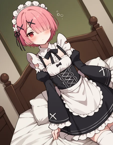 score_9, score_8_up, score_7_up, source_anime, <lora:rezero-ram-s1s2-ponyxl-lora-nochekaiser:1>, ram, hair flower, hair ornament, hair over one eye, pink hair, red eyes, short hair, x hair ornament,, apron, black bow, black dress, black ribbon, bow, detached sleeves, dress, frilled apron, frilled sleeves, frills, juliet sleeves, long sleeves, maid, neck ribbon, puffy sleeves, ribbon, roswaal mansion maid uniform, thighhighs, two-tone dress, waist apron, white bow, white dress, white thighhighs,, indoors, bed, bed room, on side, blush, drunk, looking at viewer, solo,, cowboy shot, dutch angle