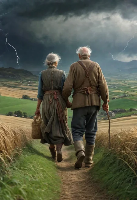 Masterpiece, closeup, hd, 8K, Fantasy art, award winning drawing of a old male farmer and a old female farmer in a windy landscape helping each other walking, rugged clothes romantic, storm in background, back view, intricate details, Fantastical realism, fandist