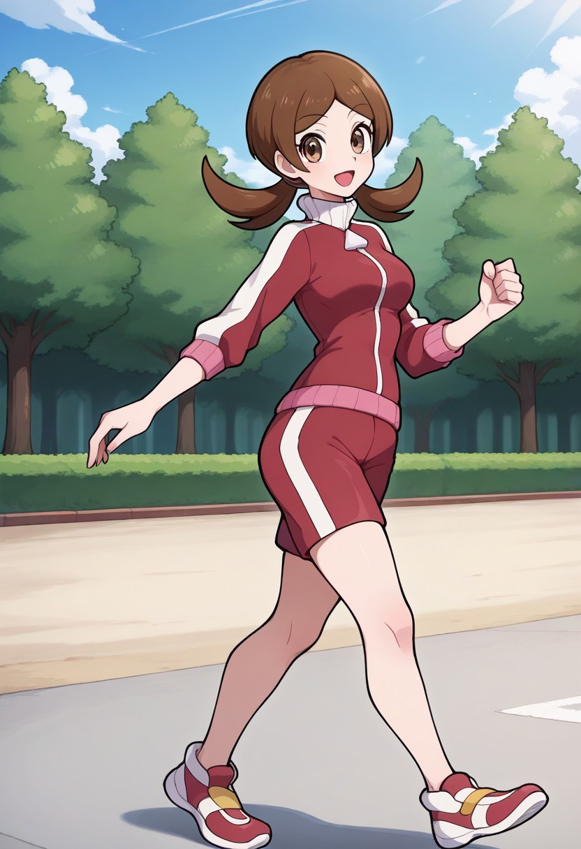 2d, masterpiece, best quality, amazing quality, 1girl, solo, running, from side, park, looking at viewer, sky, palyra, [lyra_\(pokemon\)], brown hair, brown eyes, low twintails, track jacket, red jacket, zipper pull tab, long sleevees, red shorts, shoes, red footwear, white footwear, (mature female, grown up, adult body, medium breasts, aged up)