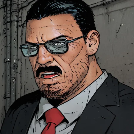 (masterpiece), portrait (ultra-detailed, 8k, gritty cinematic style), mid shot, male pov (best quality), (ultra-detailed), noise effect. chromatic aberration,
BREAK
1 boy, black hair, bara, facial hair, mustache, formal, suit, red necktie, collared shirt, glasses, eyes at viewerportrait, standing, arms crossed, alley lit by flickering neon, happy, open mouth, frown
BREAK
urban desire at its peak,
,