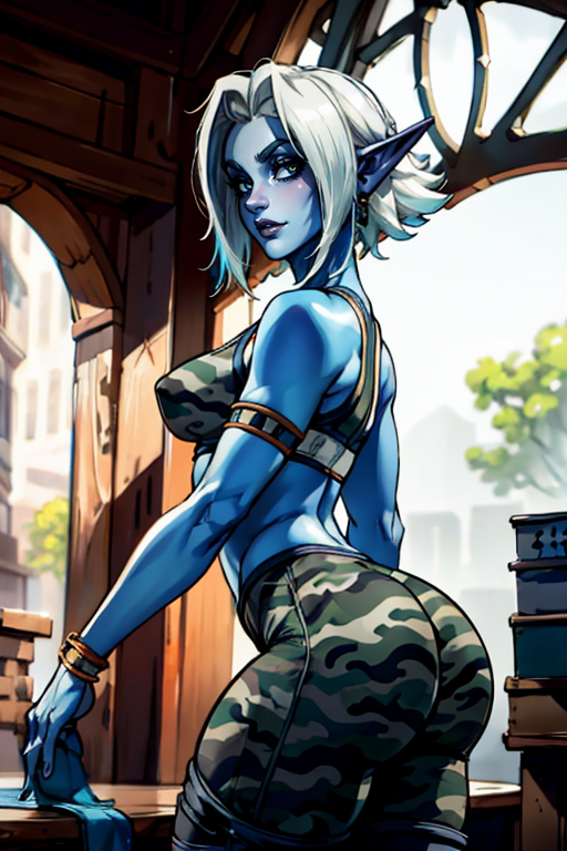 masterpiece,best quality,extreme detail,8k,image sharpness,<lora:saati:0.8>, saati2,1girl,solo,breasts,looking at viewer,short hair,large breasts,bare shoulders,ass,white hair,pointy ears,pants,indoors,blurry,blurry background,colored skin,elf,fishnets,sports bra,blue skin,camouflage,dark elf,yoga pants,long pointy ears,gym,