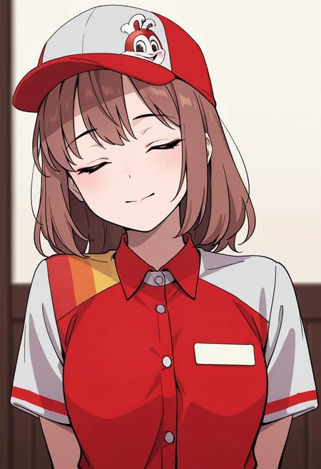 solo, woman, brown hair, jollibee_uniform, red collared shirt, shirt buttons, name tag, red cap, logo on cap, closed eyes, room, high quality, best quality, masterpiece, 4k resolution, anime