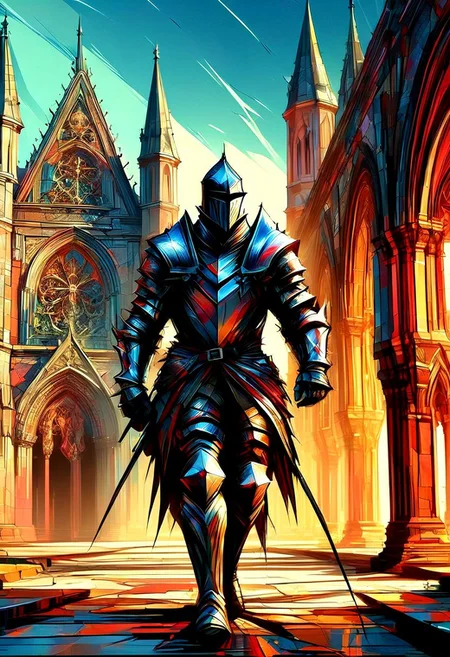 A valiant knight in shining armor stands at the gates of a grand castle. Banner, sword and shield, sunset, stone walls, battlements, dramatic lighting, extreme close-up, portrait.