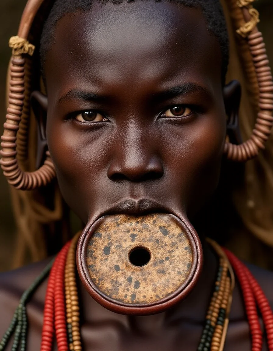 a Murs1 woman, showcasing her distinct facial features and traditional adornments. Her skin is a rich, deep brown, with high, prominent cheekbones and a broad, flat nose, emphasizing her striking natural beauty. Her piercing gaze exudes strength and wisdom, a reflection of her cultural resilience. Her ears are adorned with intricately designed wooden or clay plugs, extending her earlobes in traditional style. Around her neck are multiple layers of carefully hand-strung, colorful beaded necklaces, each bead telling a story of heritage and identity. Her hair is styled in short, tight braids coated with organic mud and natural pigments in earthy ochre tones. The iconic large ceramic lip plate (dhebi a tugoin) accentuates her appearance, decorated with fine hand-painted patterns symbolizing Murs1 artistry. Every detail, from her facial features to her traditional jewelry, is rendered in highly realistic textures and vibrant detail, capturing the essence of her identity within the cultural context.
<lora:mursi:1>
<lora:style_of_H._R._Giger_FLUX_295:1> style of H. R. Giger, beautiful light set up, dynamic range lighting, RAW candid cinema, 16mm, color graded portra 400 film, remarkable color, ultra realistic, textured skin, remarkable detailed pupils, realistic dull skin noise, visible skin detail, skin fuzz, dry skin, shot with cinematic camera
