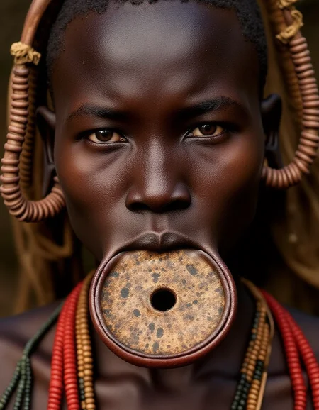 a Murs1 woman, showcasing her distinct facial features and traditional adornments. Her skin is a rich, deep brown, with high, prominent cheekbones and a broad, flat nose, emphasizing her striking natural beauty. Her piercing gaze exudes strength and wisdom, a reflection of her cultural resilience. Her ears are adorned with intricately designed wooden or clay plugs, extending her earlobes in traditional style. Around her neck are multiple layers of carefully hand-strung, colorful beaded necklaces, each bead telling a story of heritage and identity. Her hair is styled in short, tight braids coated with organic mud and natural pigments in earthy ochre tones. The iconic large ceramic lip plate (dhebi a tugoin) accentuates her appearance, decorated with fine hand-painted patterns symbolizing Murs1 artistry. Every detail, from her facial features to her traditional jewelry, is rendered in highly realistic textures and vibrant detail, capturing the essence of her identity within the cultural context.
<lora:mursi:1>
<lora:style_of_H._R._Giger_FLUX_295:1> style of H. R. Giger, beautiful light set up, dynamic range lighting, RAW candid cinema, 16mm, color graded portra 400 film, remarkable color, ultra realistic, textured skin, remarkable detailed pupils, realistic dull skin noise, visible skin detail, skin fuzz, dry skin, shot with cinematic camera