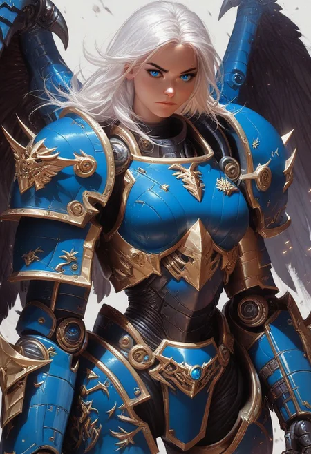 score_9, score_8_up, score_7_up, score_6_up, score_5_up, score_4_up,<lora:Fant5yP0ny:0.8>, 1girl, armor, weapon, wings, solo, shoulder armor, blue eyes, pauldrons, white hair, looking at viewer, power armor