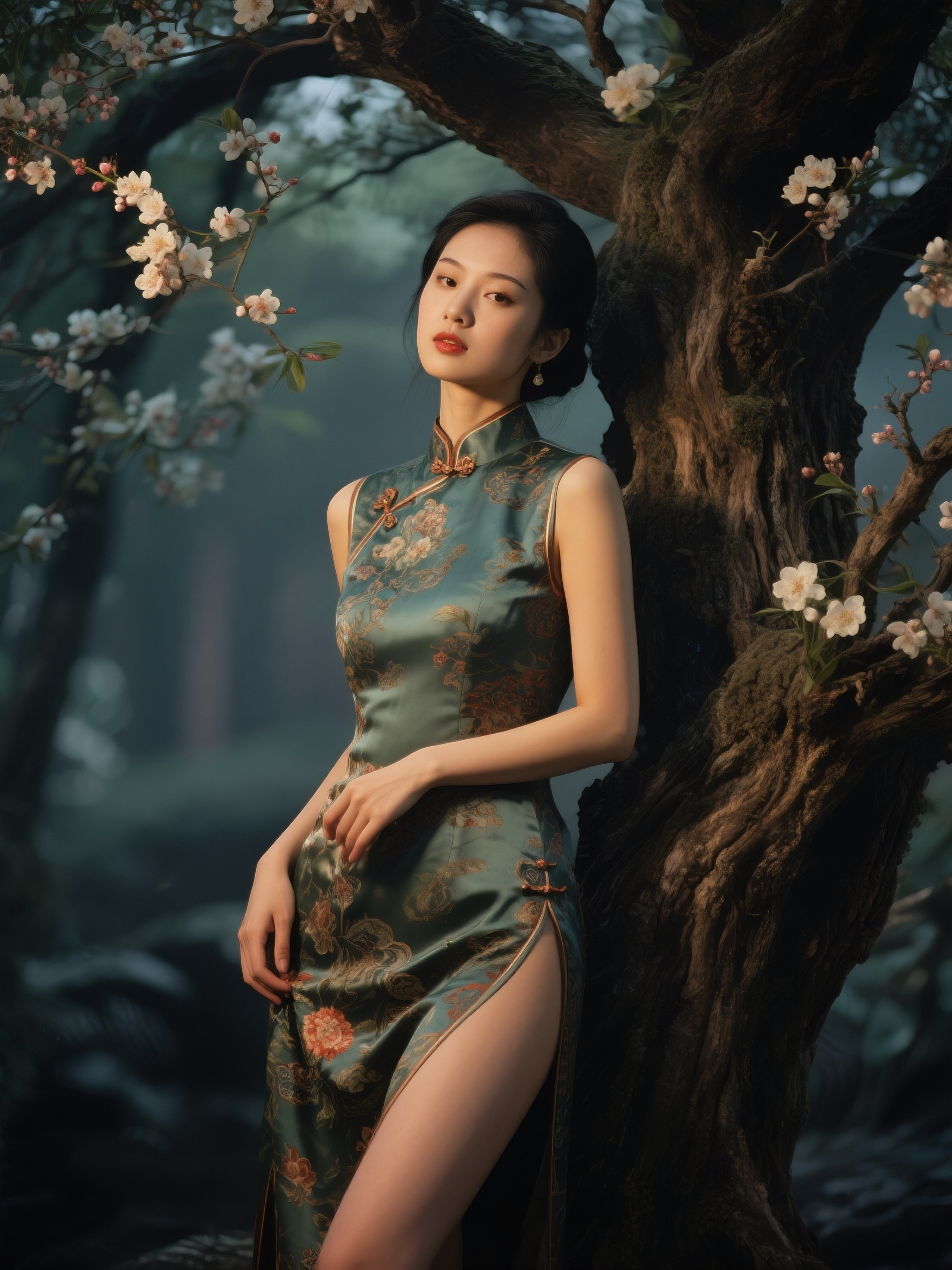 RAW full body analogue photo of a beautiful 25 years old Asian woman, clear focus, high resolution image, Wearing traditional chinese clothes,low light, soft natural light, Rembrandt style light, Hasselblad DLSR camera, 200mm Zeiss lens, f/2.8 ,Sexy pose, erotic pose, exhibitionism, ,((ancient tree of life with otherworldly blossoms))