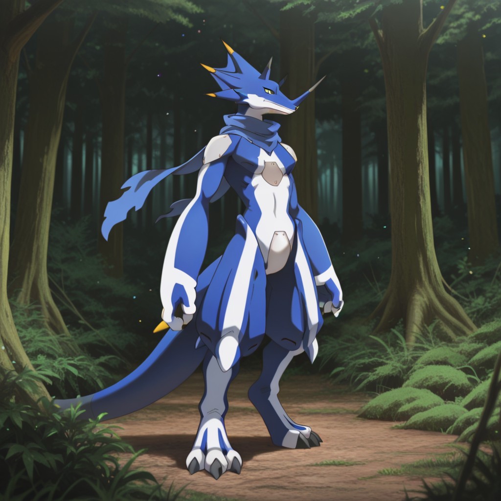 masterpiece, best quality, amazing quality, KausGil, anthro, KausGammamon, ceratopsian, blue skin, yellow eyes, blue scarf, horns, nose horn, winged arms, tail, arms to side, solo, full body, standing, one hand up, in forest,, <lora:8529475c-0ffe-45b5-b512-3e7804fc101d:1.0>