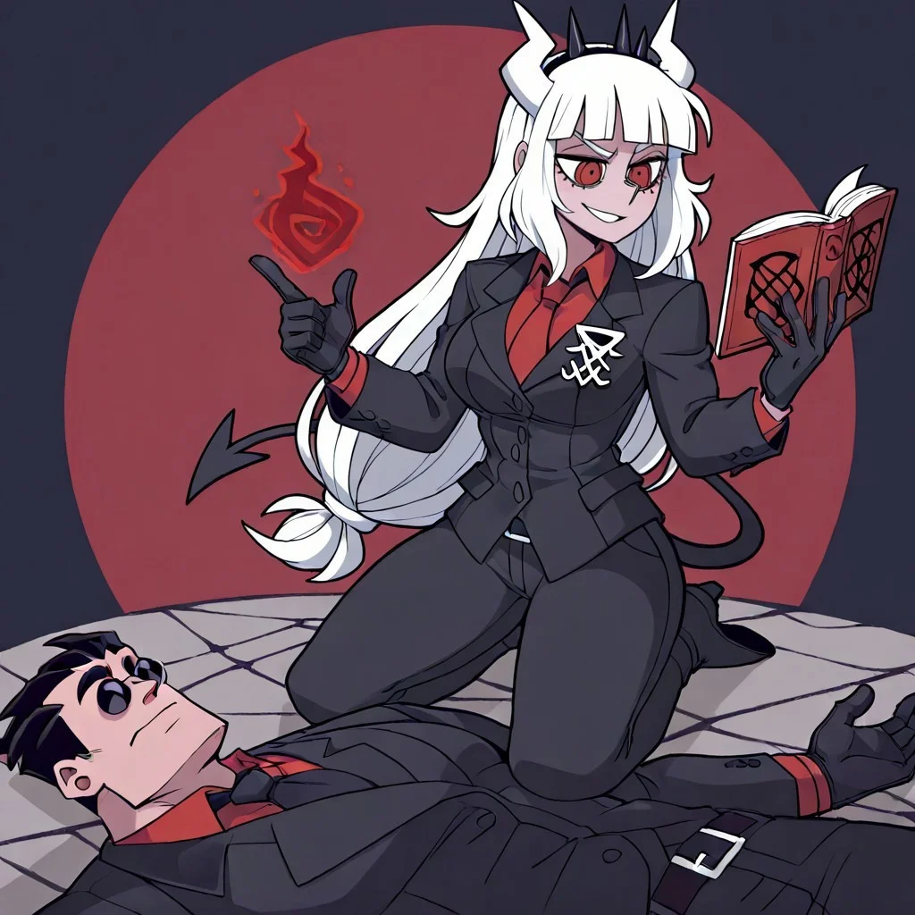 masterpiece, best quality, newest, absurdres, highres, toon, toon style, cartoon, MHWW-V1.0, my hot witch wife (meme), 1girl, lucifer \(helltaker\), black suit, red necktie, black collared shirt, black gloves, blunt bangs, demon horns, demon girl, demon tail, red eyes, white hair, long hair
magic book, book, kneeling, 

BREAK 1boy, helltaker \(helltaker\), black hair, short hair, muscular, muscular male,
sunglasses, glasses, 
