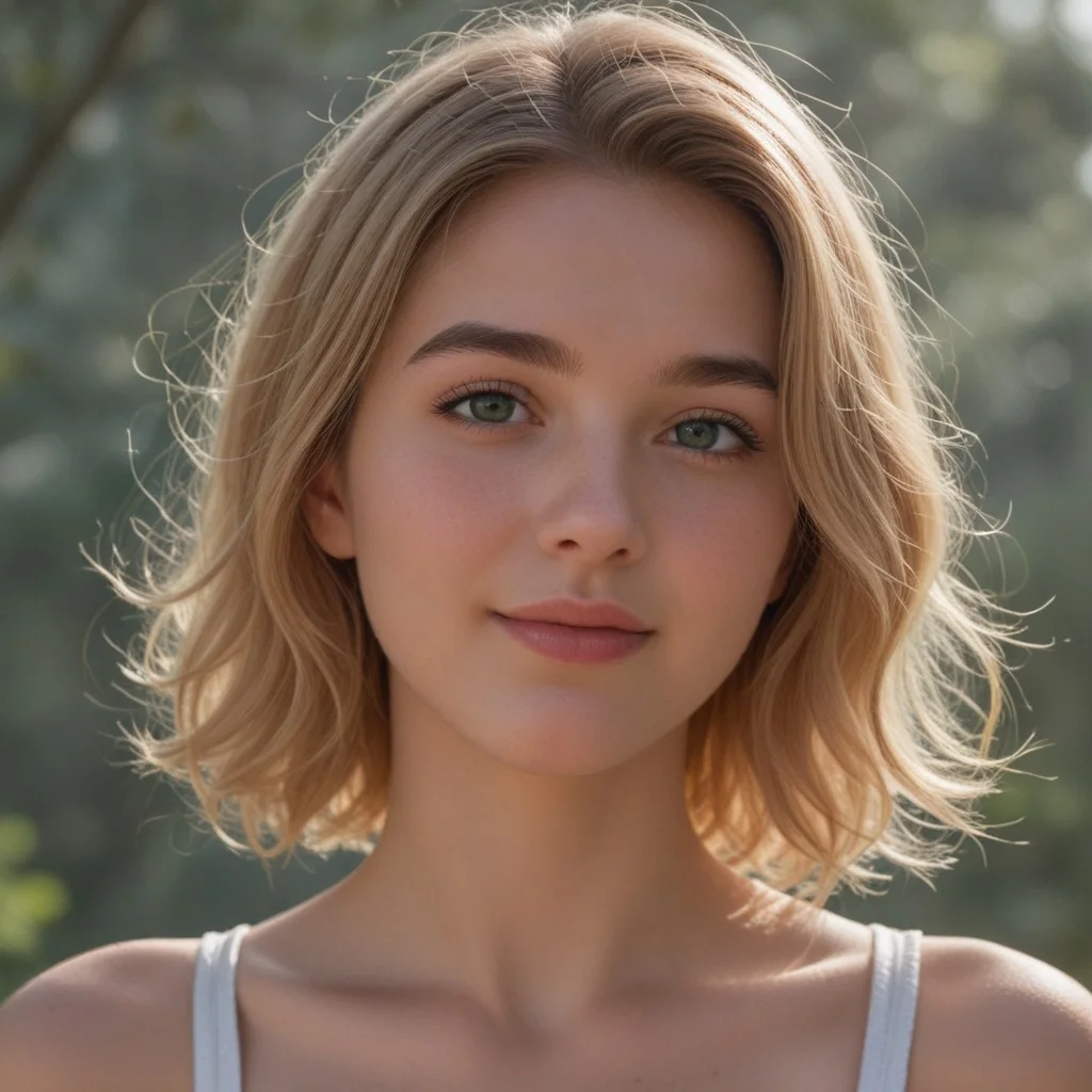 woman with layered bob hsircut , flowing light blond hair, warm and natural smile, full lips, thick eyebrows, She has bright and expressive green eyes, soft and radiant skin, her hair is illuminated by gentle sunlight, creating a golden glow, the atmosphere is serene, capturing a soft and natural beauty. The image is highly detailed and photorealistic, emphasizing warmth,