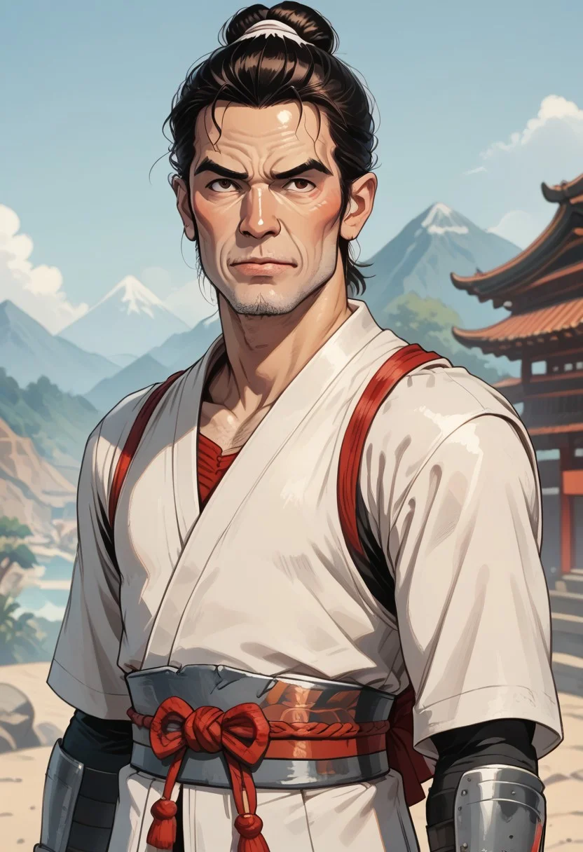 score_9, score_8_up, score_7_up, 1 character, solo, solo focus, cowboy-shot, BREAK, (((1 boy, samurai, asian, asian boy, samurai bun, samurai armor, old man, old, wrinkly face, brown eyes))