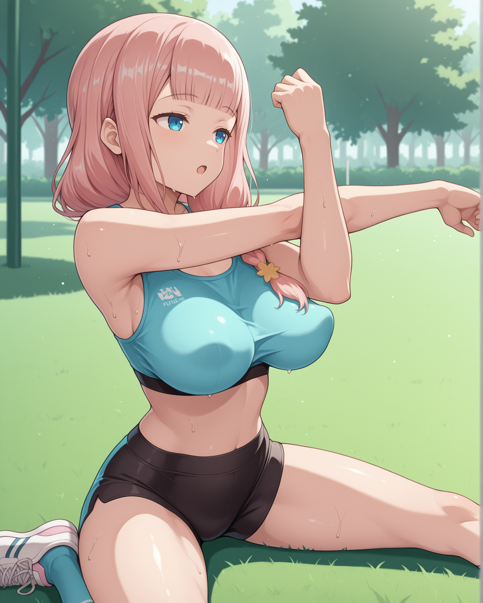 masterpiece, best quality,1girl, solo, fujiwara_toyomi, pink hair, blue eyes, looking at viewer, blunt bangs, hair over one shoulder, large breasts, perky breasts, collarbone, motherly side plait, braid, sitting, sitting on ground, smile, :o, <lora:Fujiwara_Toyomi_Kaguya-sama_Love_Is_War_Illustrious:1>, outdoors, park, sportswear, sports bra, short shorts, sneakers, stretching, midriff, sweat, looking afar, kneehighs, spandex, grass, legs apart,