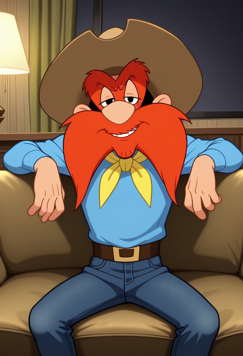 masterpiece, best quality, amazing quality, very aesthetic, absurdres, newest,  high quality, detailed, male, solo male, Yosemite Sam, 1boy, mature male, male, athletic build, human, black eyes, big mustache, bushy eyebrows, facial hair, orange hair, broad shoulders, big cowboy hat, blue shirt, yellow neckerchief, blue jeans, indoors, sitting on couch, half body, looking at viewer, flirty expression, half lidded eyes, living room, volumetric lighting, little smile