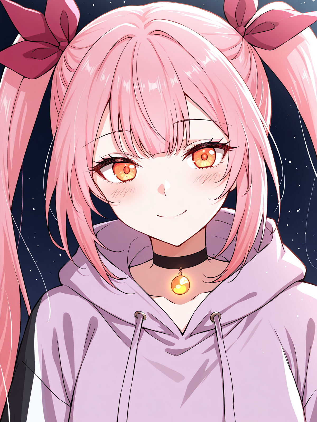<lora:Immortal_Swordsman_In_The_Reverse_World__Chen_Hua_Hua:1>
1 girl, solo, pink hair, long hair, twin tails, large bows, hair bow, orange eyes, 
lilac hoodie, cropped hoodie, striped sleeves, black mini skirt, frilled hem, white frills, white thighhighs, choker,
score_9, score_8_up, score_7_up, score_6_up, source_anime, rating_explicit, masterpiece, best quality, intricate details, gothic fantasy, upper body portrait, dramatic pose, confident gaze, cinematic lighting, clean background, glowing magical particles, detailed face, vibrant colors, smile